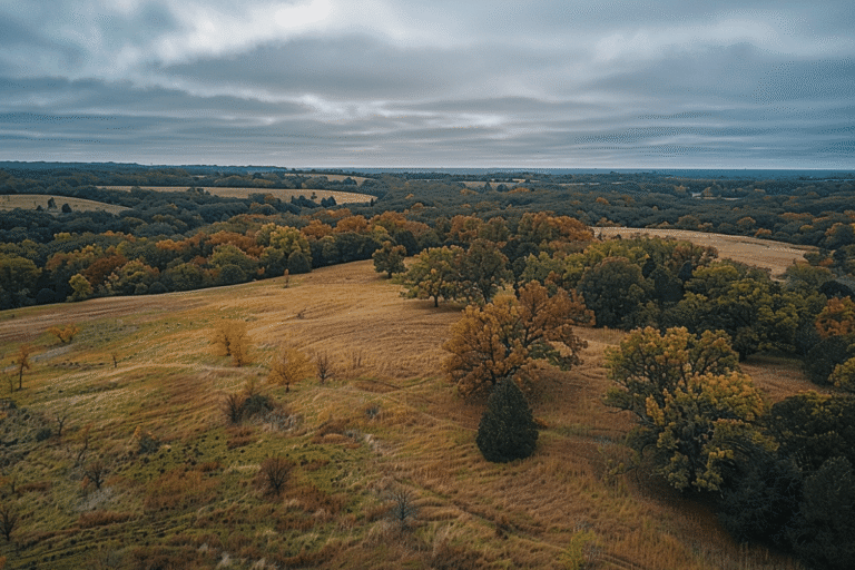 Paysage de collines avec arbres aux feuillages colorés.