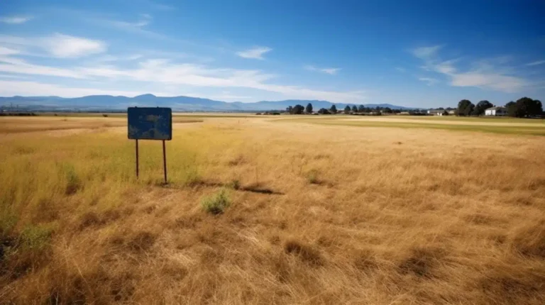 Terrain sec avec un panneau au premier plan et des montagnes à l'horizon.