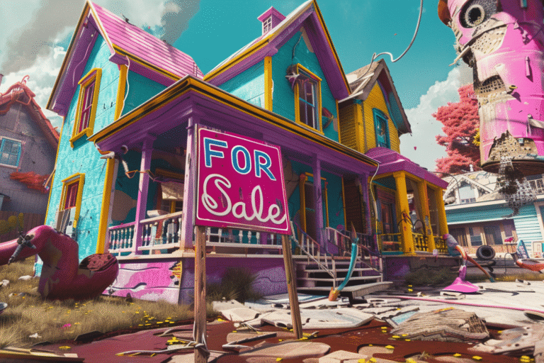 Maison colorée avec panneau "À vendre" devant.