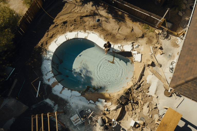 Construction d'une piscine entourée de gravats et de terre.