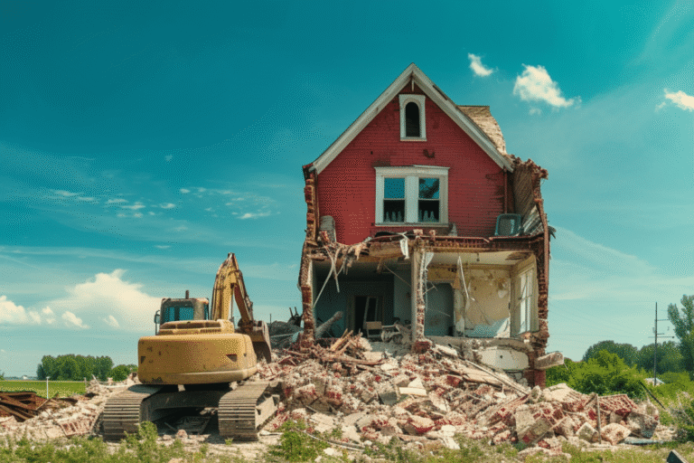 Maison rouge endommagée avec démolition partielle visible.