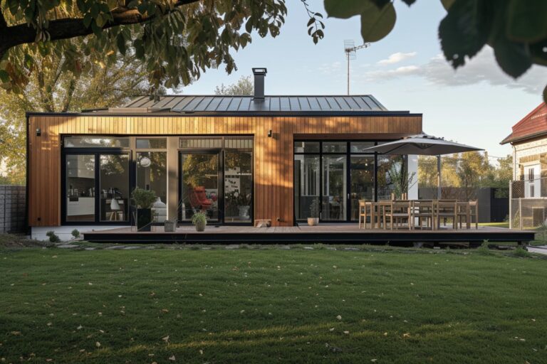 Maison moderne en bois avec terrasse et espace repas.