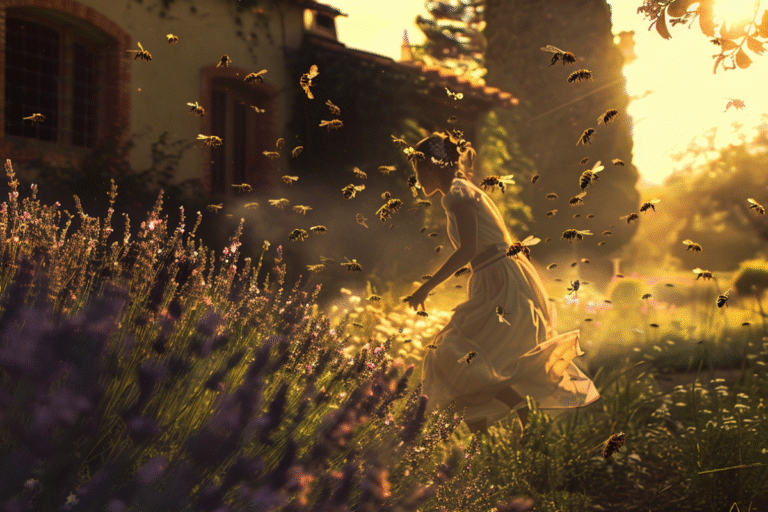 Femme courant parmi des abeilles dans un champ de fleurs.