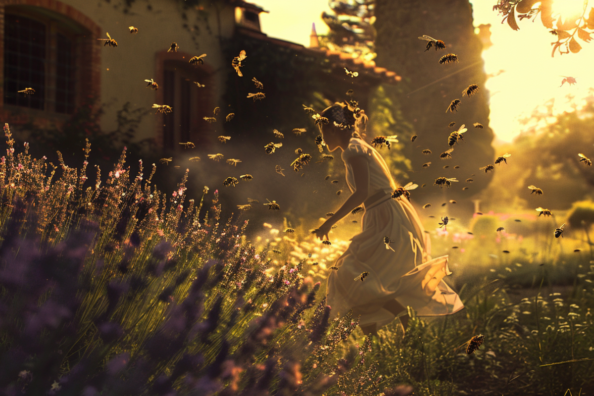 Femme courant parmi des abeilles dans un champ de fleurs.