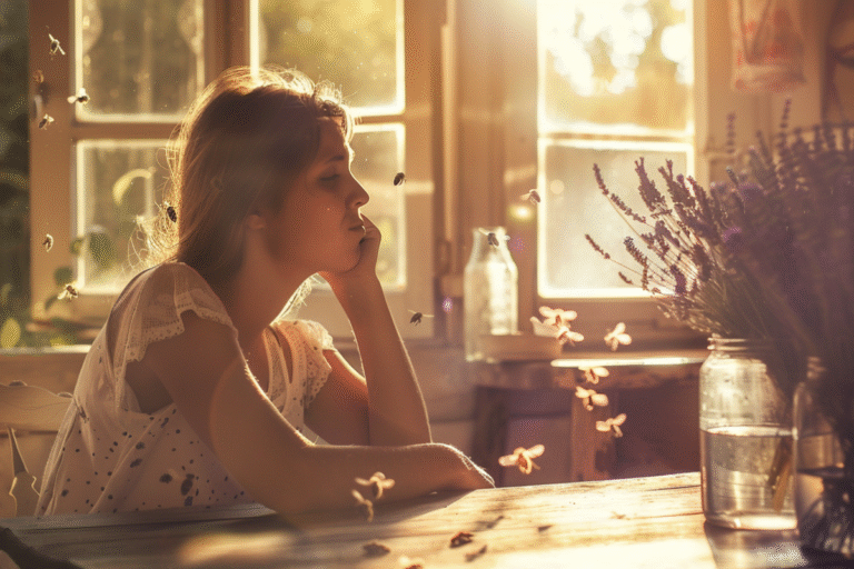 Femme pensive entourée d'abeilles et de lavande.