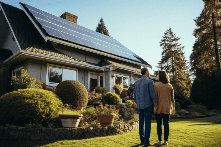 Couple admirant une maison avec panneaux solaires.