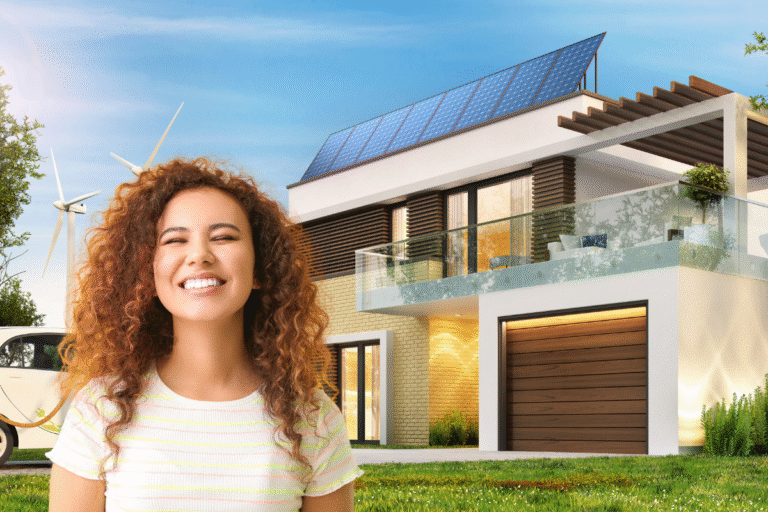 Femme souriante devant une maison moderne avec panneaux solaires.