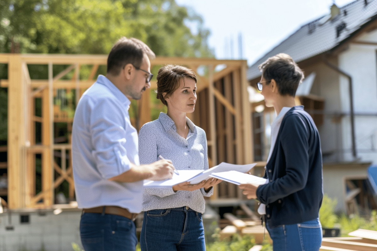 Professionnels du bâtiment discutant sur un chantier.