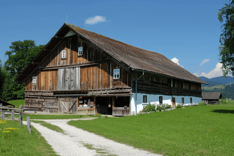 Ferme traditionnelle en bois avec chemin d'accès.