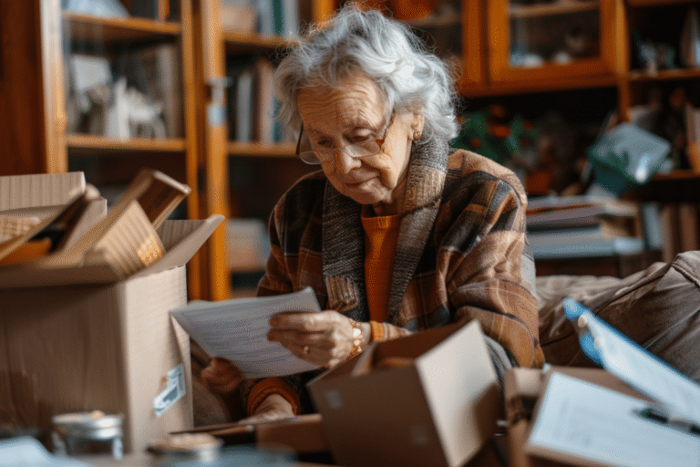 Femme âgée feuilletant des documents parmi des cartons.