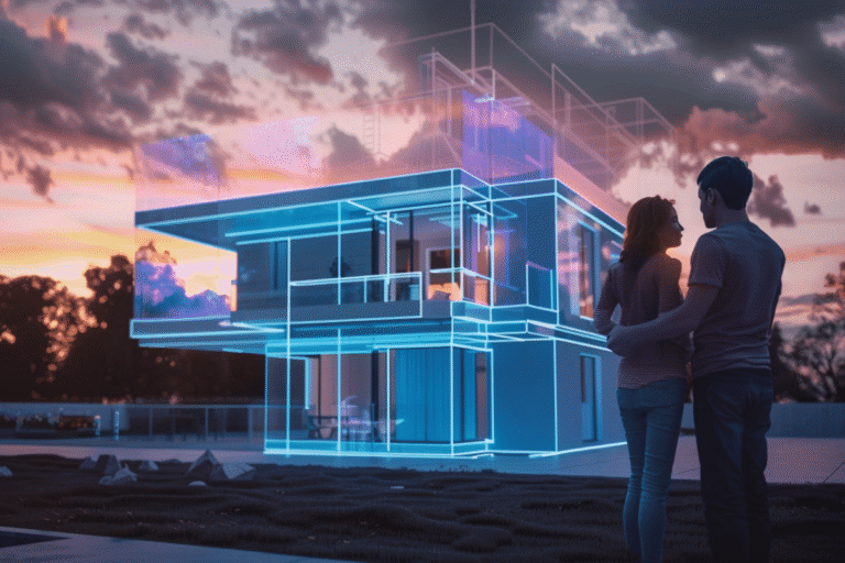 Maison moderne en contours lumineux avec couple.