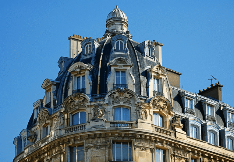 Dôme orné d'architecture classique sur immeuble parisien.
