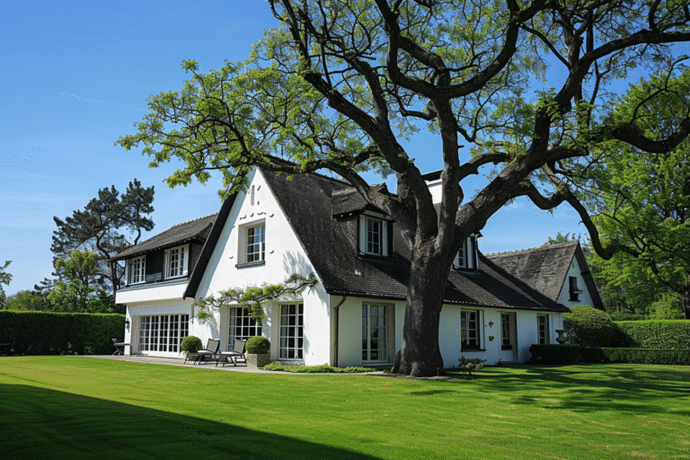 Maison moderne avec un grand jardin verdoyant.