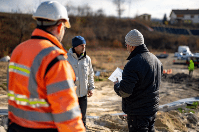 Trois hommes discutent sur un chantier de construction.