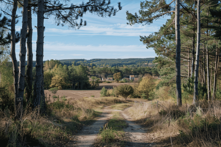 Chemin rural entouré d'arbres et de champs.
