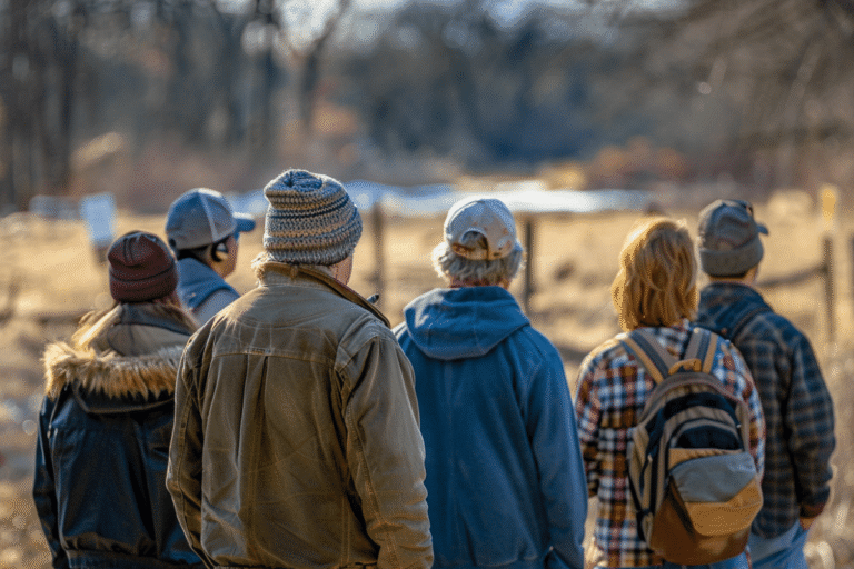 Groupe de personnes observant un paysage naturel.