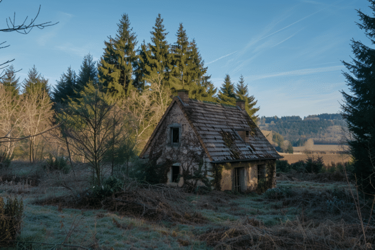 Maison abandonnée entourée d'arbres et de broussailles.