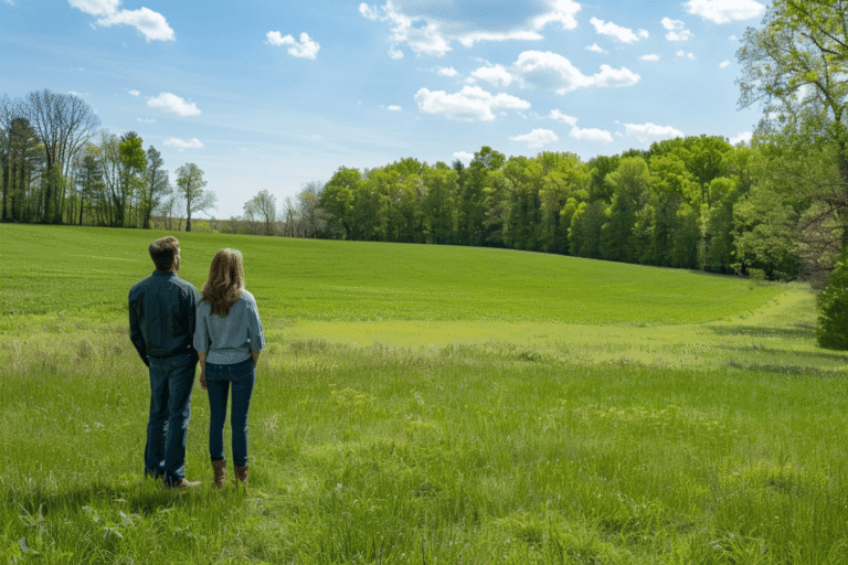 Couple regardant un champ verdoyant sous un ciel nuageux.