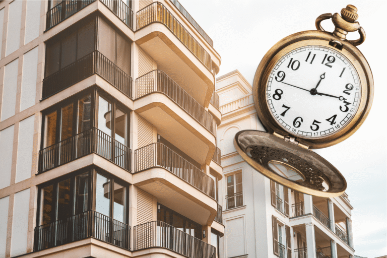 Montre de poche en avant-plan avec immeubles modernes.