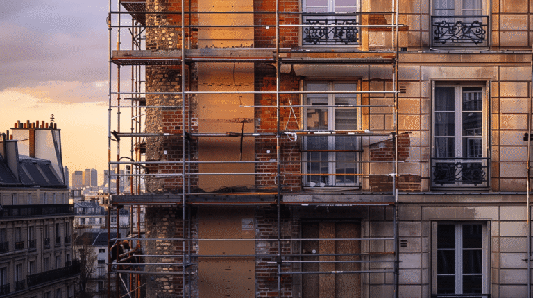 Façade d'immeuble en rénovation avec échafaudages.