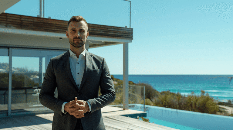 Homme en costume devant une vue marine.