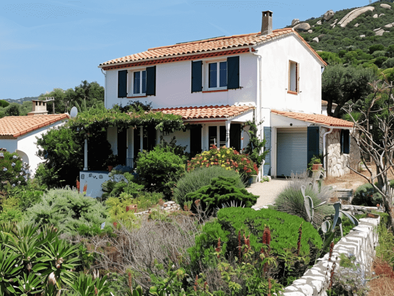 Maison avec jardin fleuri et vue sur collines.