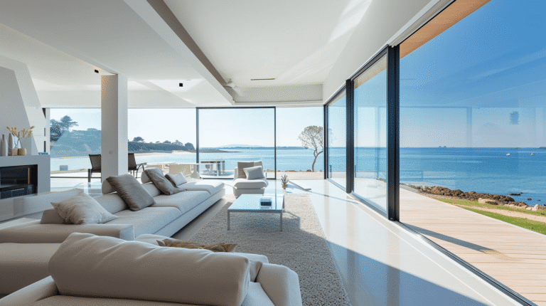 Salon moderne avec vue sur la mer.
