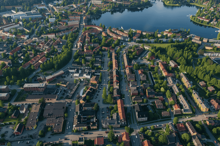 Vue aérienne d'une ville entourée de verdure et d'un lac.
