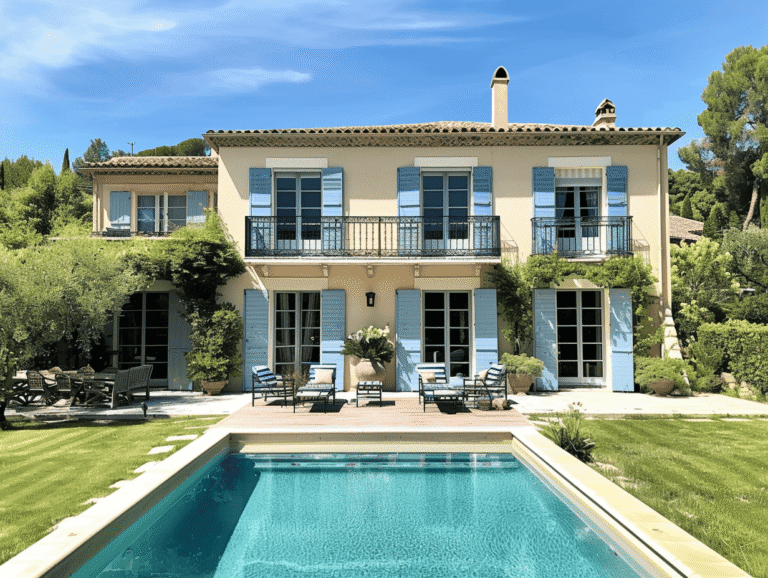 Villa avec fenêtres bleues, piscine et jardin verdoyant.