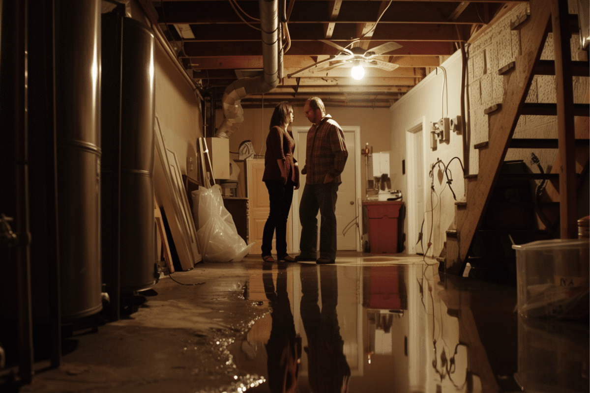 Couple en conversation dans un sous-sol inondé.