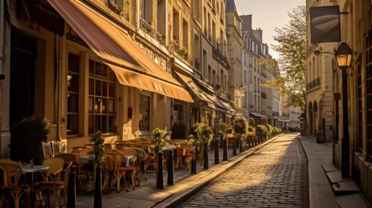 Rue pavée bordée de cafés à Paris.