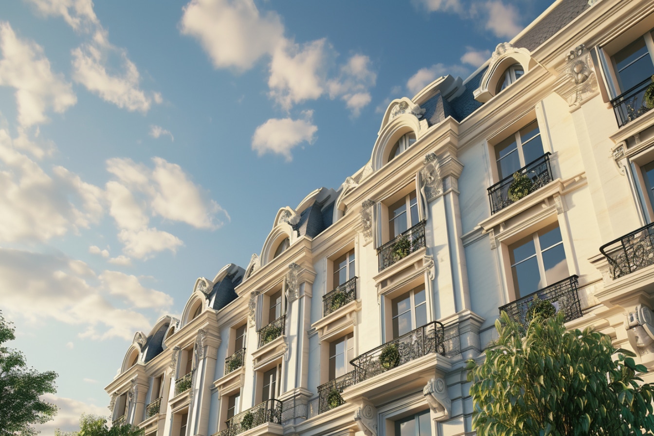 Façade d'immeuble haussmannien avec balcons ornés.