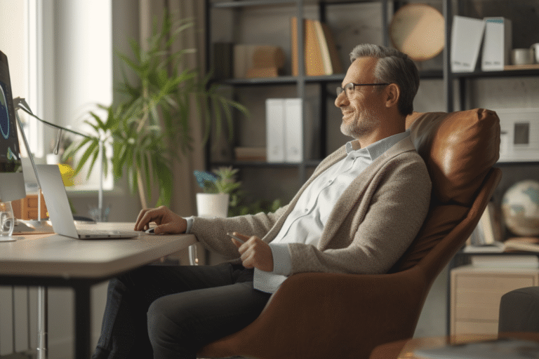 Homme souriant assis devant un ordinateur portable.