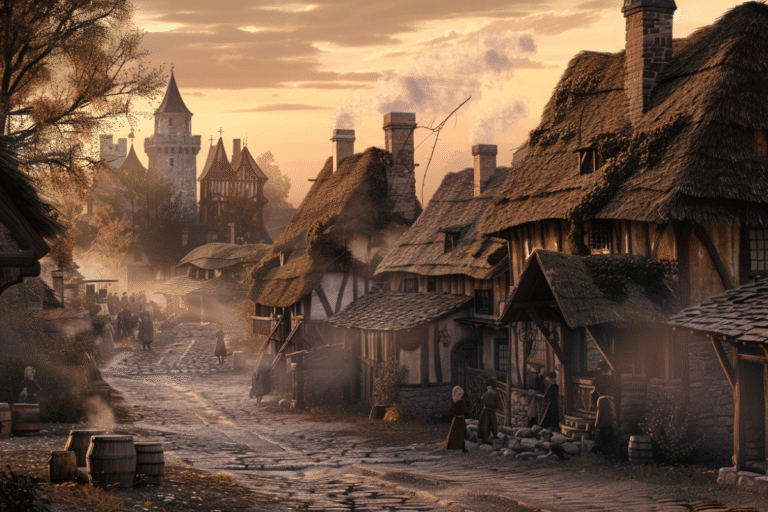 Village médiéval au crépuscule avec maisons à toit de chaume.