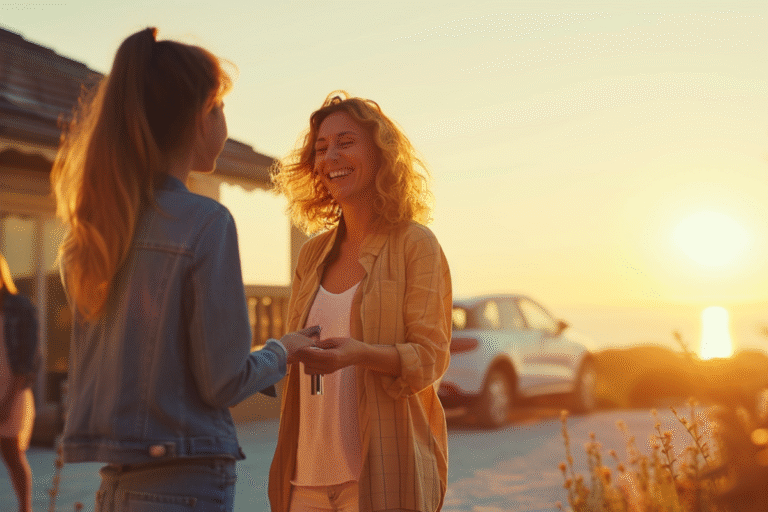 Deux femmes souriantes échangent des clés au coucher du soleil.