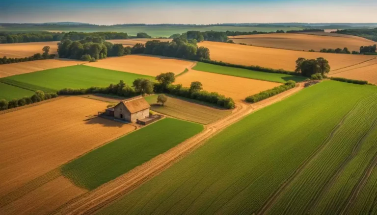 Vaste paysage agricole avec une ferme isolée.