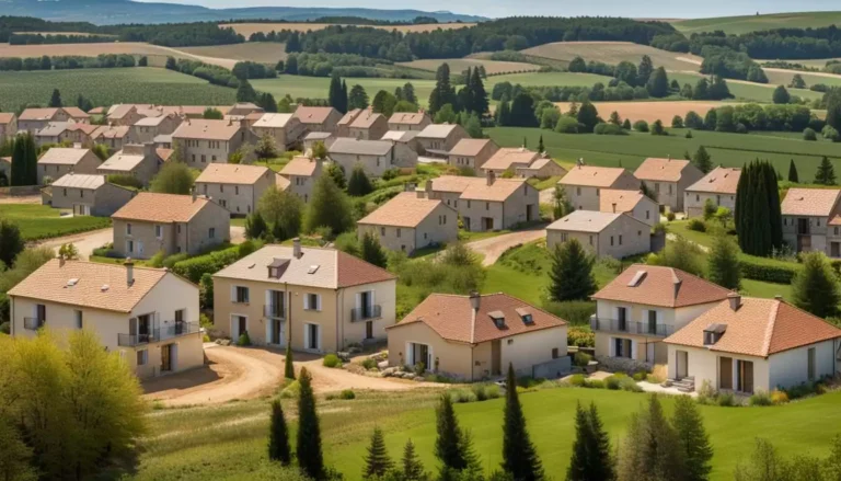 Quartier résidentiel avec maisons et verdure environnante.