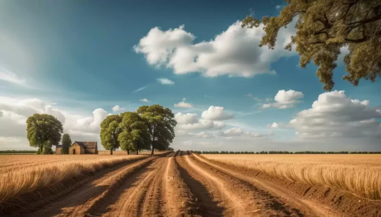 Chemin en terre au milieu de champs dorés et arbres.