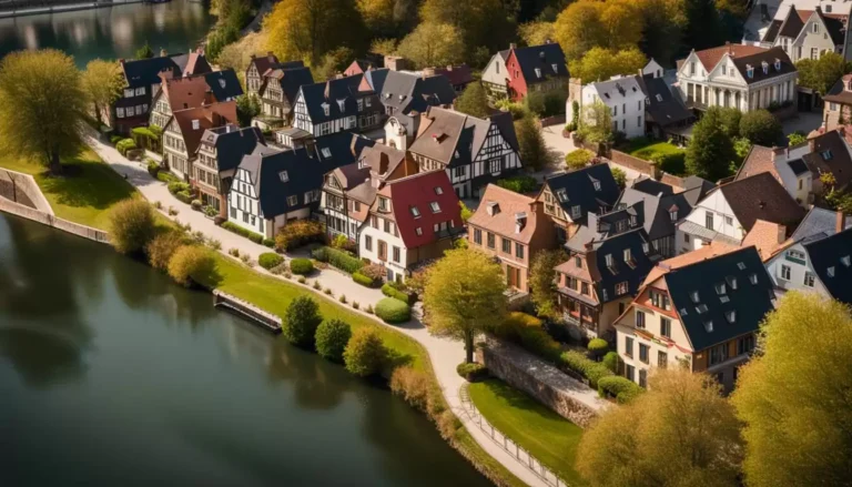 Quartier résidentiel pittoresque bordé d'un étang.