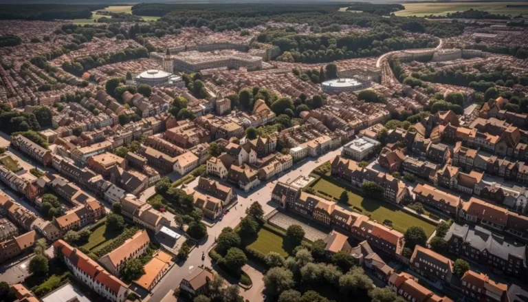 Vue aérienne d'un quartier résidentiel avec maisons traditionnelles.