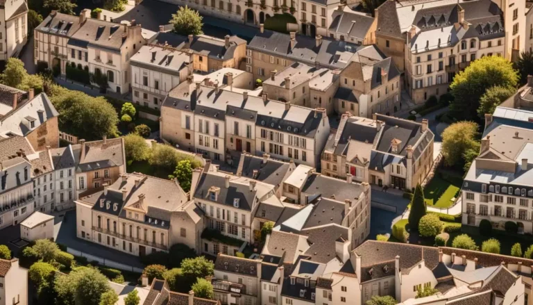 Vue aérienne de maisons traditionnelles françaises.