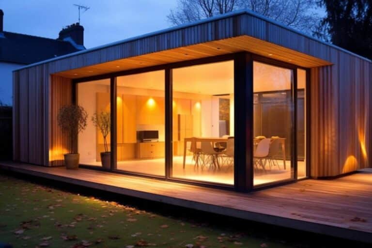 Une extension en bois moderne, avec de grandes baies vitrées et un bel éclairage intérieur