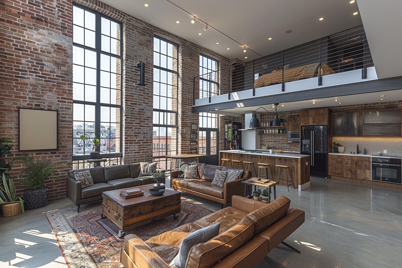 L'incroyable intérieur d'un appartement de style loft, avec son haut plafond, sa mezzanine et ses grande fenêtres