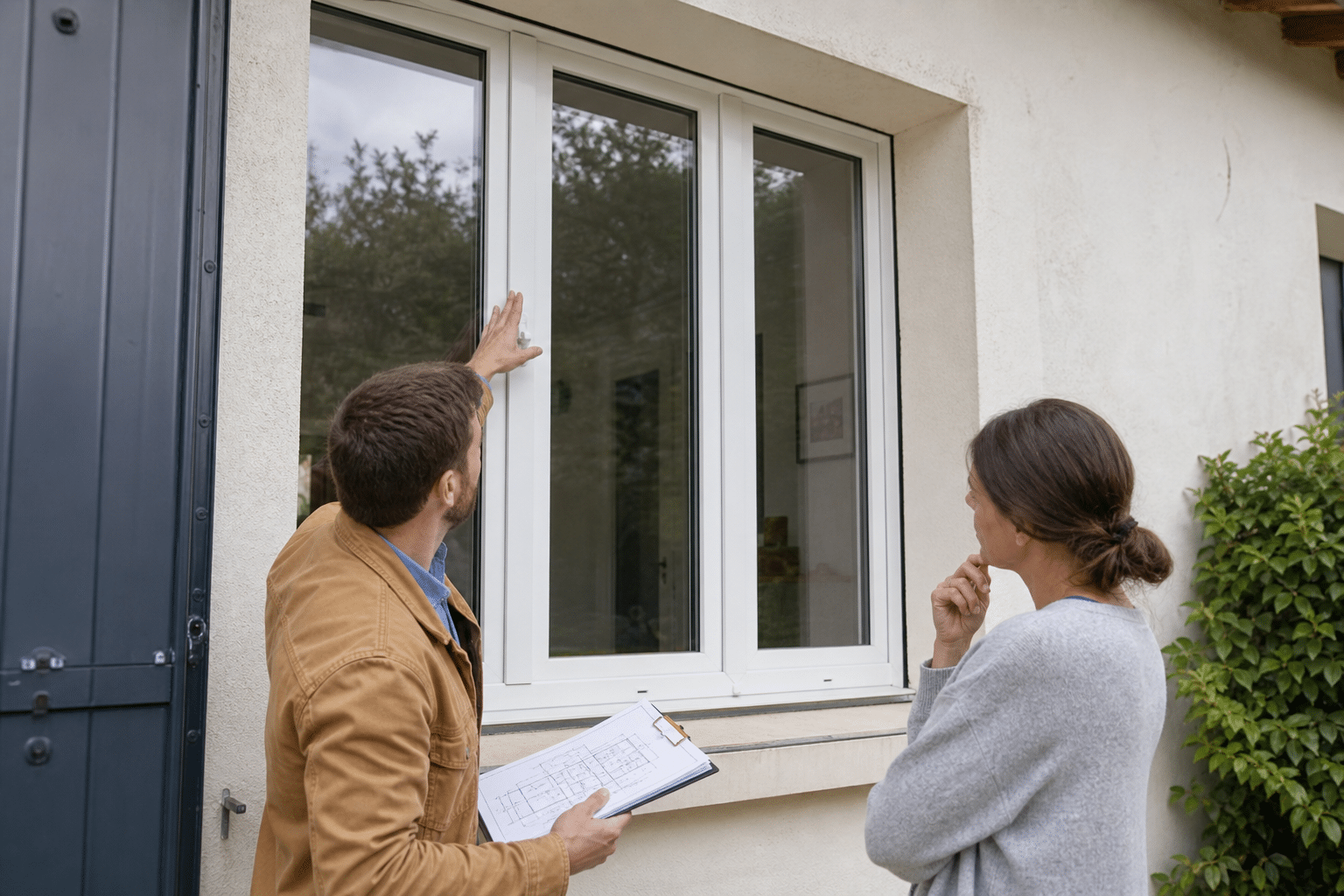 Homme pointant une fenêtre pendant qu'une femme observe