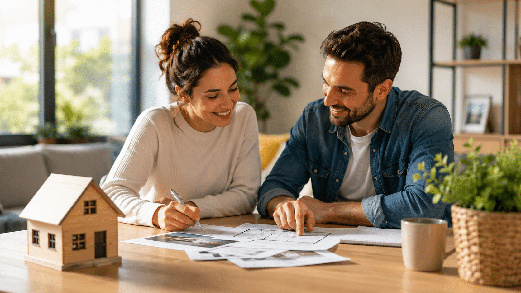 Jeune couple préparant un projet d’achat immobilier à domicile avec plans de maison et maquette, illustrant les aides à l’acquisition en 2026.
